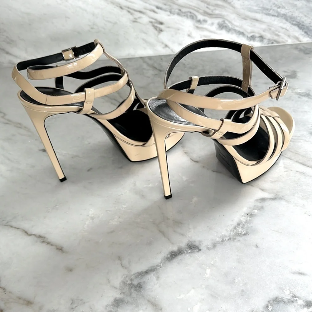 Saint Laurent T-strap Multi Strap  Patent Cream Sandals Size 8 - Picture 5 of 8